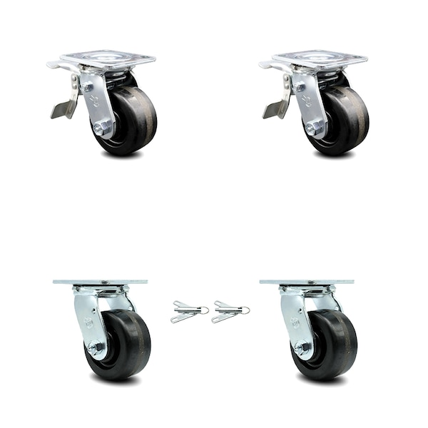 4 Inch Phenolic Caster Set with Roller Bearings 2 Brakes 2 Swivel Locks SCC